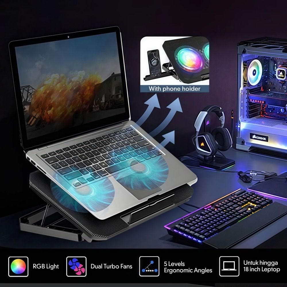 Pendingin Laptop Dua Kipas RGB - Laptop Accessories Cooling Pad ulasan dan harga
